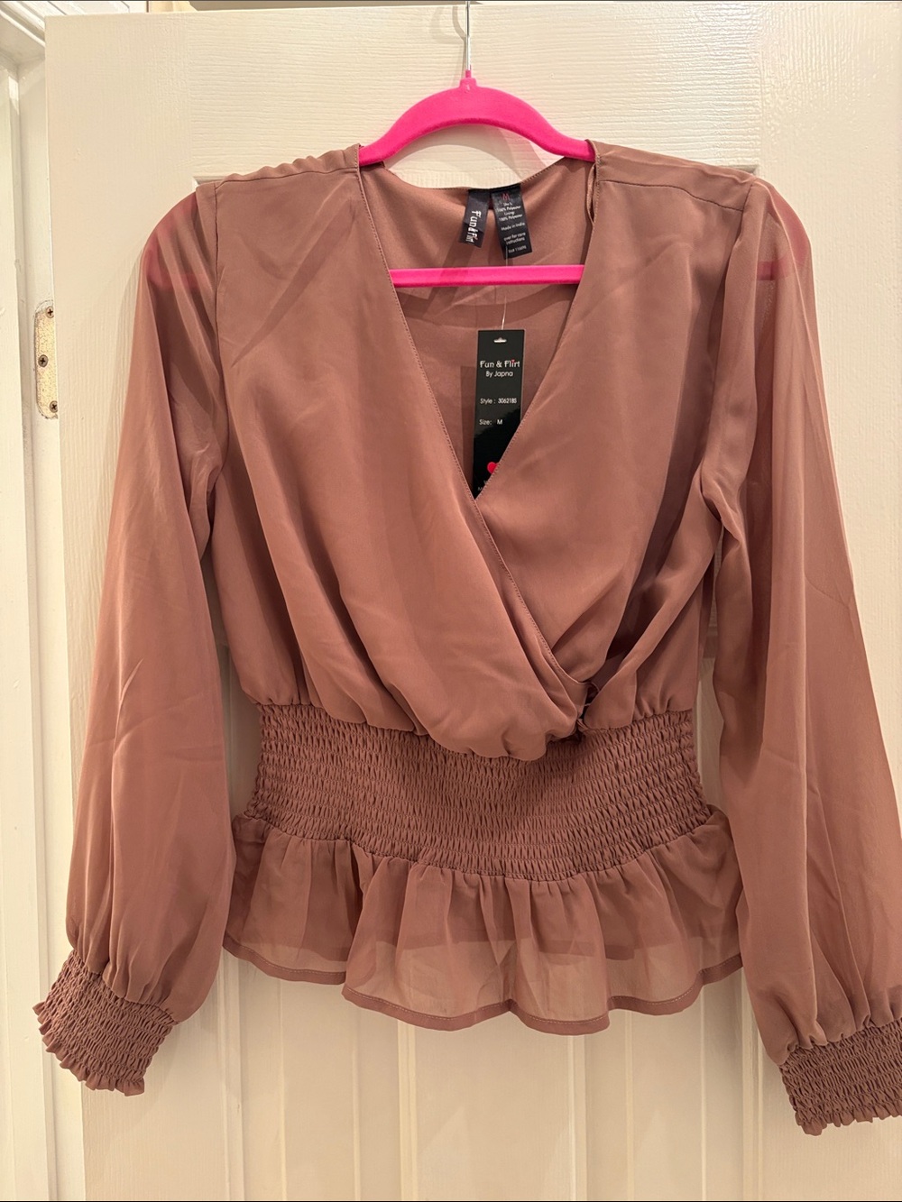 Japna Mauve Brown Wrap Peplum Smocked-Waist Blouse